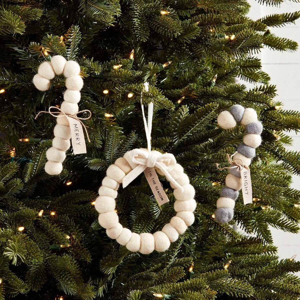 POM MERRY CANDY CANE ORNAMENT - Grey and White