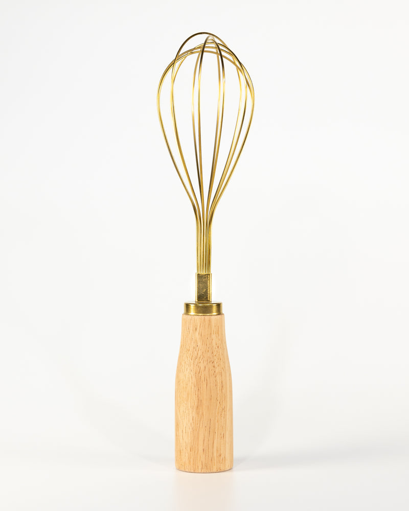 STANDING STAINLESS STEEL WHISK W/ RUBBERWOOD HANDLE, GOLD FINISH